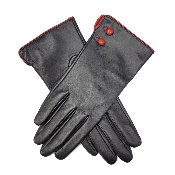 Dents Leather Gloves with Buttons & Piping in Black/Red Large