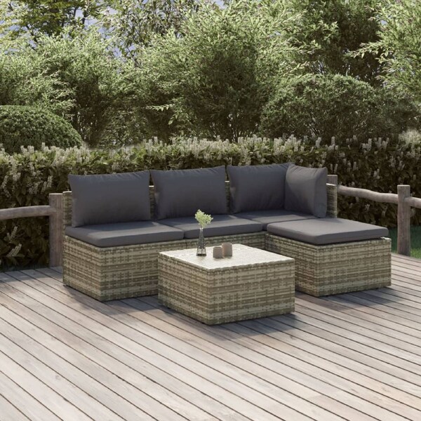 5 Piece Garden Lounge Set with Cushions Grey Poly Rattan vidaXL