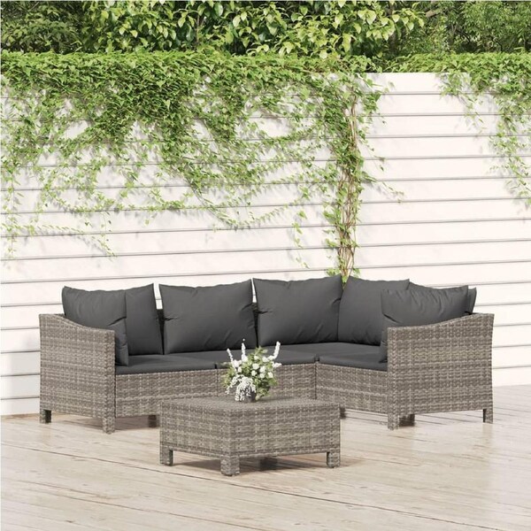 5 Piece Garden Lounge Set with Cushions Grey Poly Rattan vidaXL