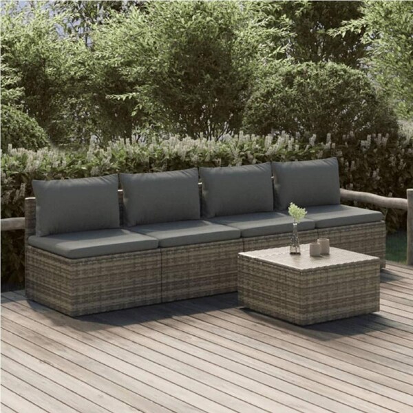 5 Piece Garden Lounge Set with Cushions Grey Poly Rattan vidaXL