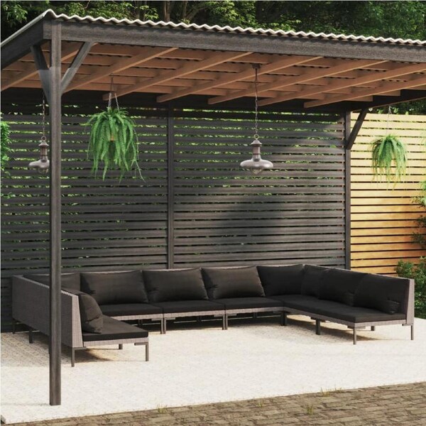 9 Piece Garden Lounge Set with Cushions Poly Rattan Dark Grey vidaXL