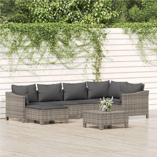 7 Piece Garden Lounge Set with Cushions Grey Poly Rattan vidaXL