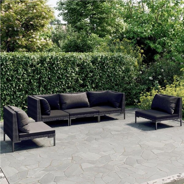 5 Piece Garden Lounge Set with Cushions Poly Rattan Dark Grey vidaXL