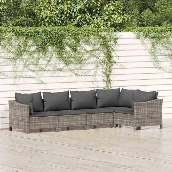 5 Piece Garden Lounge Set with Cushions Grey Poly Rattan vidaXL