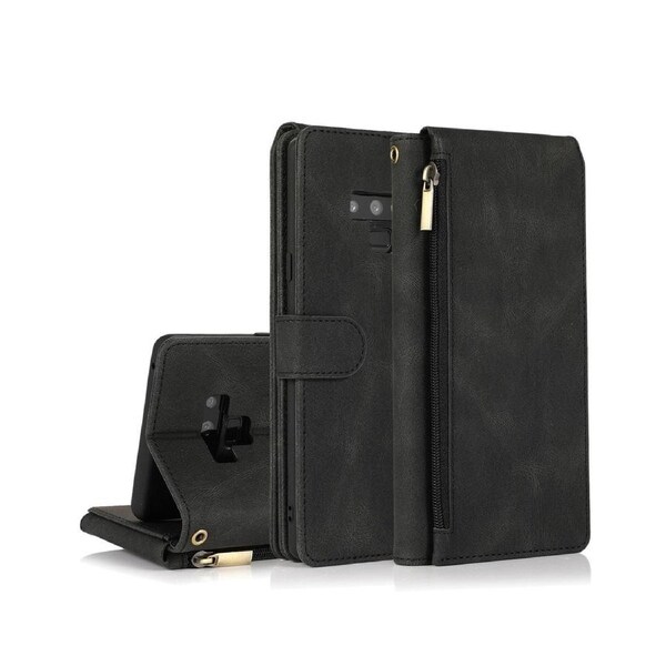 For Samsung Galaxy Note 9 Case, Leather Zipper Purse Flip Cover Case with Card Slot Holder Wrist Strap Lanyard (Black)