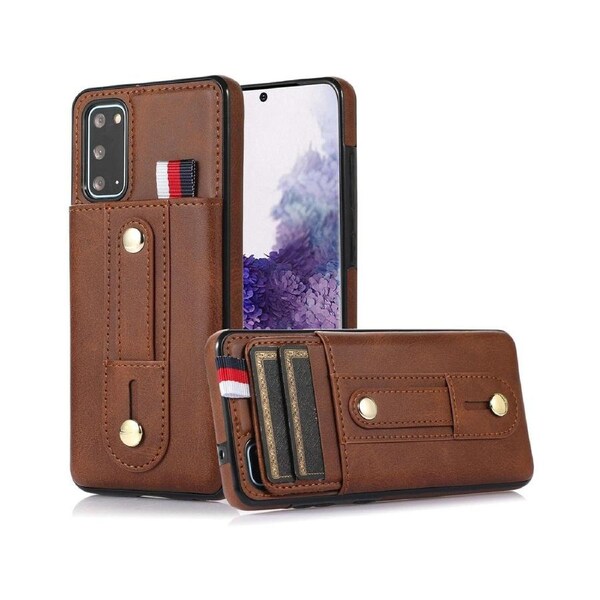Hidden Card Slot Case for Samsung Galaxy S20, with Leather Loop Strap - Brown