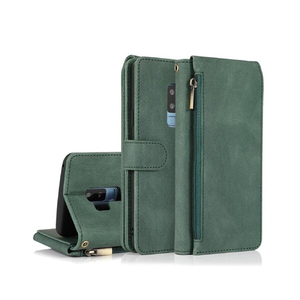 For Samsung Galaxy S9 Plus Case, Leather Zipper Purse Flip Cover Case with Card Slot Holder Wrist Strap Lanyard (Dark Green)