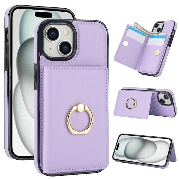 IPhone 15 Case With Card Holder,Military Grade Drop Protection,Durable Shockproof Cover-Light Purple