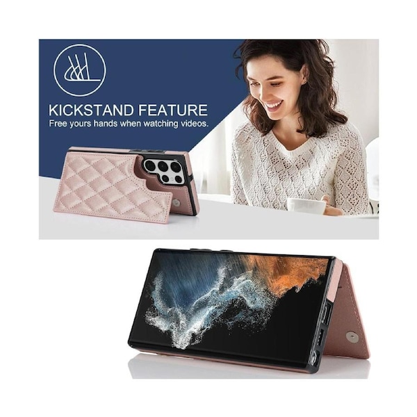 3 Cards Leather Case for Samsung Galaxy S22 Ultra, RFID Blocking Material to Protect Card Data - Rose Gold