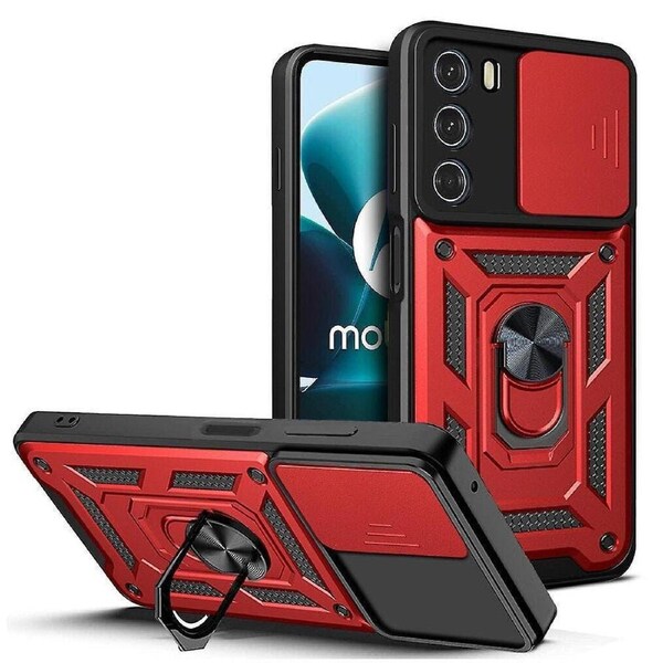 case For Moto G200/ Moto Edge S30 Slide Camera Lens Protection and Built in 360 Rotatable Ring Holder - Red