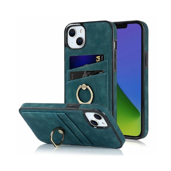 Full Protection Cover for iPhone 14 Plus, 2 Cards PU Leather Case with Ring Holder - Blue