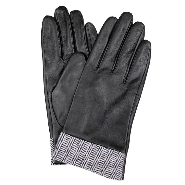 Dents Womens Leather Gloves w/ Tweed Cuffs Warm Winter - Black X-Large