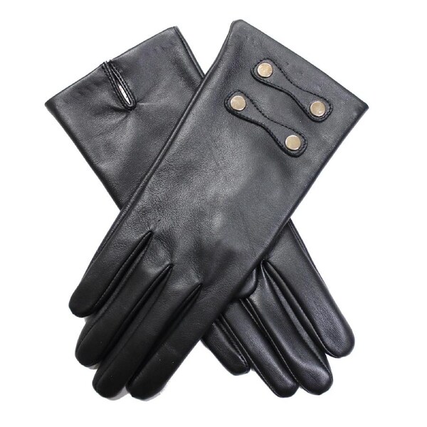Dents Womens Leather Gloves with Gold Buttons - Black Large