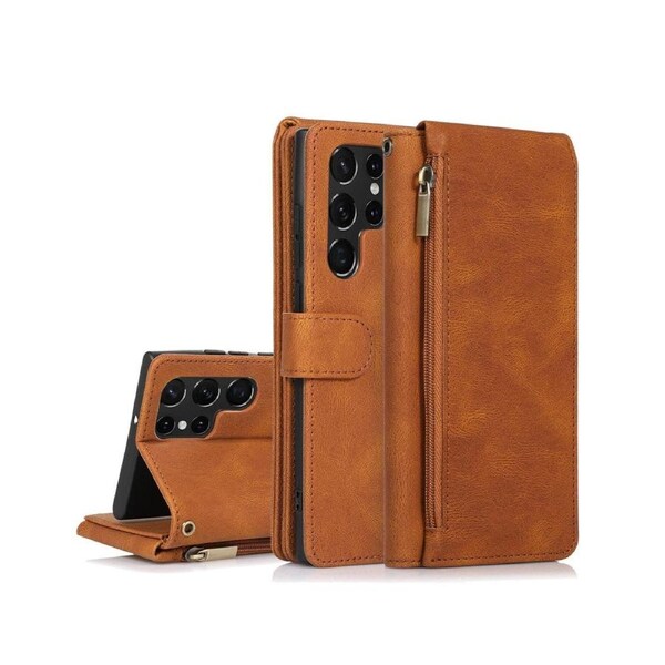 For Samsung Galaxy S22 Ultra Case, Leather Zipper Purse Flip Cover Case with Card Slot Holder Wrist Strap Lanyard (Brown)