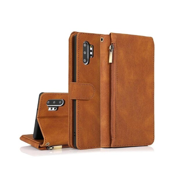 For Samsung Galaxy Note 10 Plus Case, Leather Zipper Purse Flip Cover Case with Card Slot Holder Wrist Strap Lanyard (Brown)