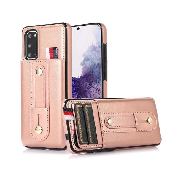 Hidden Card Slot Case for Samsung Galaxy S20 FE, with Leather Loop Strap - Rose Gold