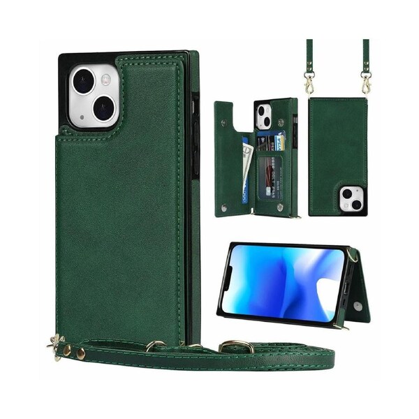 Iphone 15 Phone Case, RFID Blocking Iphone 15 Wallet Case With Wrist Strap-Green