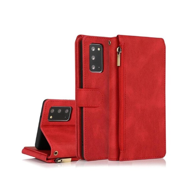 For Samsung Galaxy Note 20 Case, Leather Zipper Purse Flip Cover Case with Card Slot Holder Wrist Strap Lanyard (Red)
