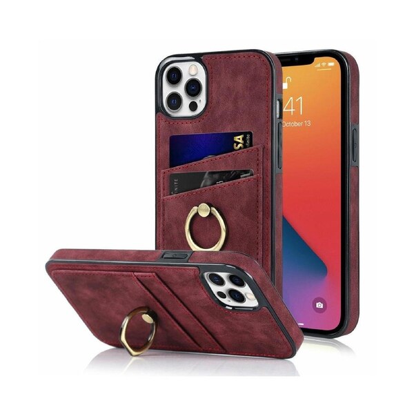 Full Protection Cover for iPhone 12 Pro Max, 2 Cards PU Leather Case with Ring Holder - Dark Red