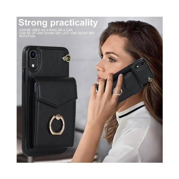 For iPhone XR Wallet Case with RFID Credit Cards Holder and Wrist Strap - Black