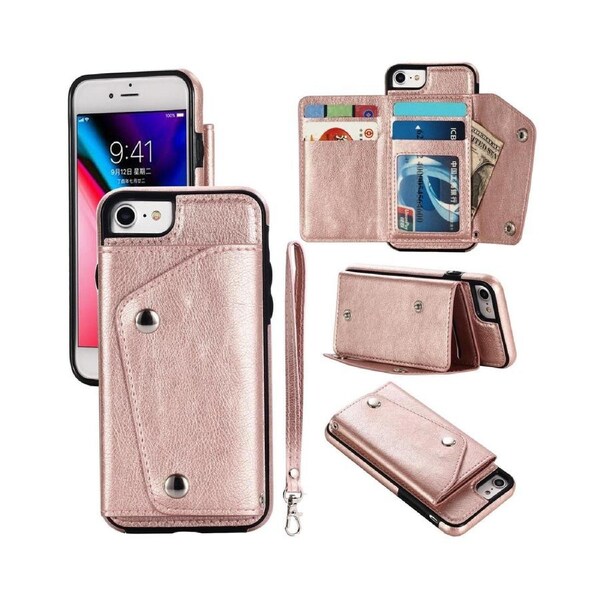 Case for iPhone 7 / 8 / Se2 / Se3, Leather Wallet Case With Card Pockets Back Flip Shockproof Cover Case-Rose Gold