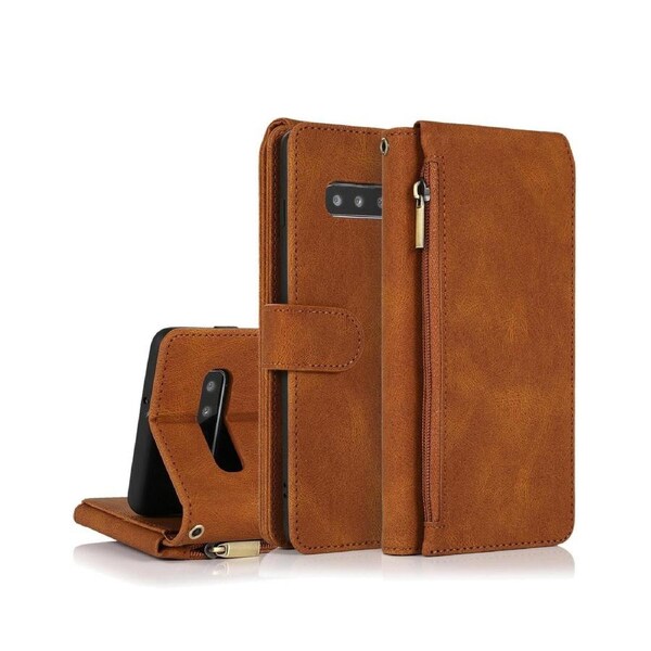 For Samsung Galaxy S10 Plus Case, Leather Zipper Purse Flip Cover Case with Card Slot Holder Wrist Strap Lanyard (Brown)