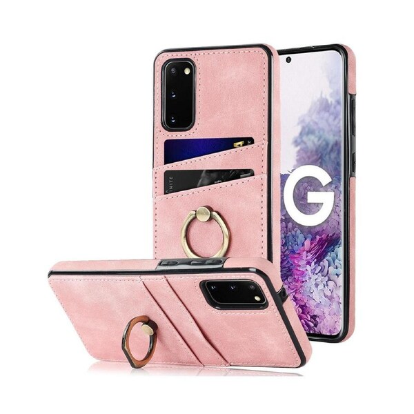 Full Protection Cover for Samsung Galaxy S20, 2 Cards PU Leather Case with Ring Holder - Pink