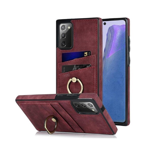 Full Protection Cover for Samsung Galaxy Note 20, 2 Cards PU Leather Case with Ring Holder - Dark Red