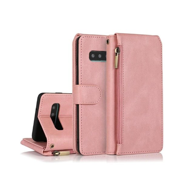 For Samsung Galaxy S10 Case, Leather Zipper Purse Flip Cover Case with Card Slot Holder Wrist Strap Lanyard (Pink)