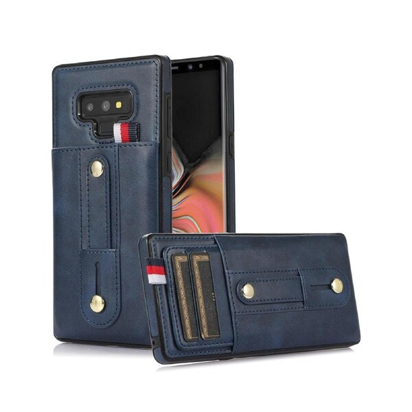 Hidden Card Slot Case for Samsung Galaxy Note 9, with Leather Loop Strap - Dark Blue