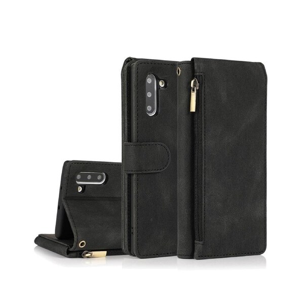 For Samsung Galaxy Note 10 Case, Leather Zipper Purse Flip Cover Case with Card Slot Holder Wrist Strap Lanyard (Black)