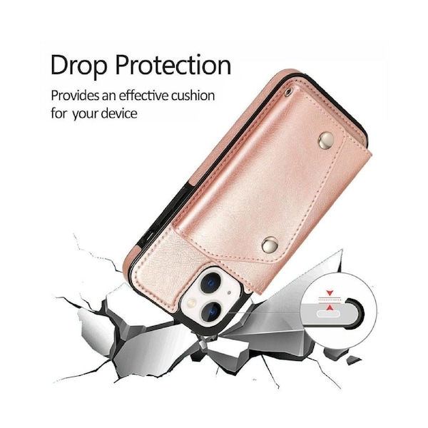 Case for iPhone 14, Leather Wallet Case With Card Pockets Back Flip Shockproof Cover Case-Rose Gold