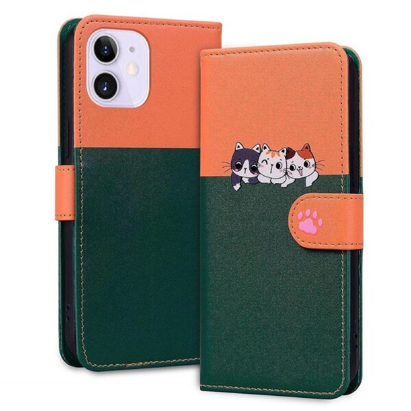 For iPhone 12 Wallet Case,3 Credit Card Slot ID Card Holder,PU Leather Flip Case with Strap - Orange and Green