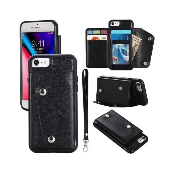 Case for iPhone 7 / 8 / Se2 / Se3, Leather Wallet Case With Card Pockets Back Flip Shockproof Cover Case-Black