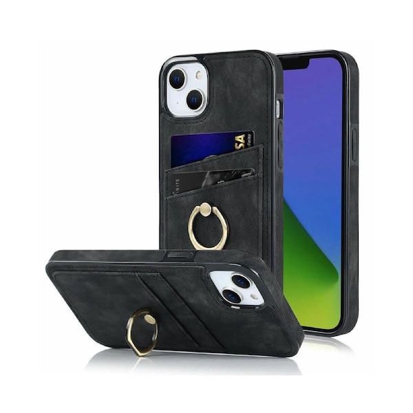 Full Protection Cover for iPhone 14, 2 Cards PU Leather Case with Ring Holder - Black