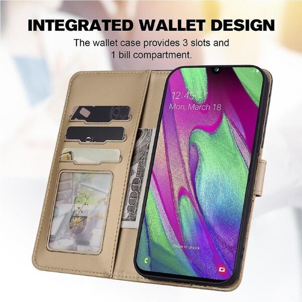 For Samsung A40 Wallet Case,3 Credit Card Slot ID Card Holder,PU Leather Flip Case with Strap - Brown