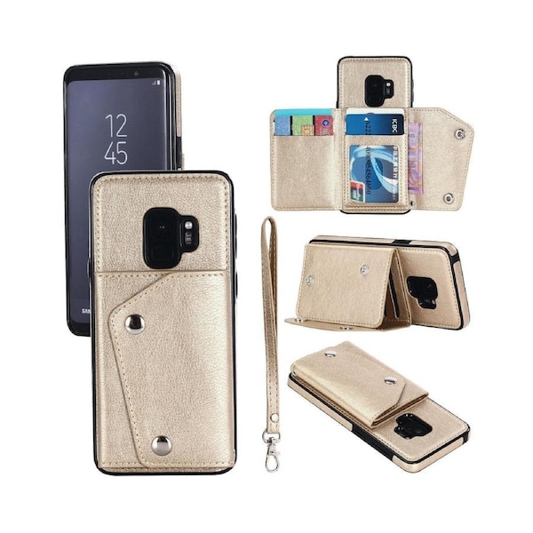 Case for Samsung Galaxy S9, Leather Wallet Case With Card Pockets Back Flip Shockproof Cover Case-Gold