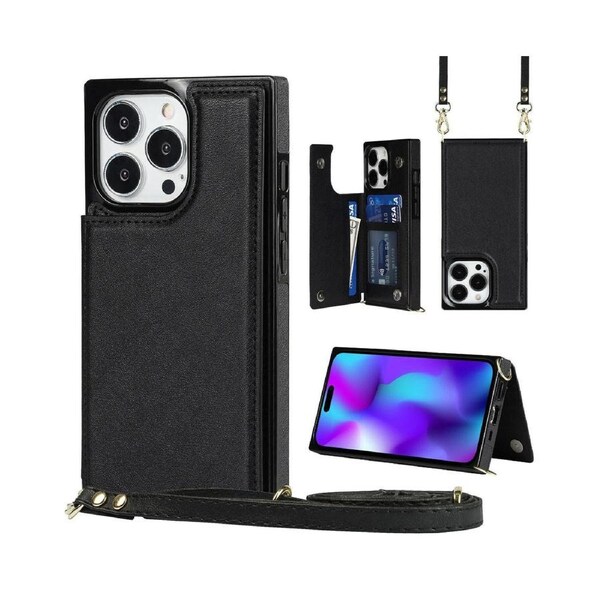 Iphone 15 Pro Case, RFID Blocking Iphone 15 Pro Wallet Case With Wrist Strap-Black