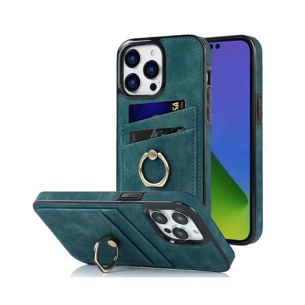 Full Protection Cover for iPhone 14 Pro, 2 Cards PU Leather Case with Ring Holder - Blue