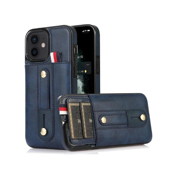 Hidden Card Slot Case for iPhone 13 Mini, with Leather Loop Strap - Dark Blue