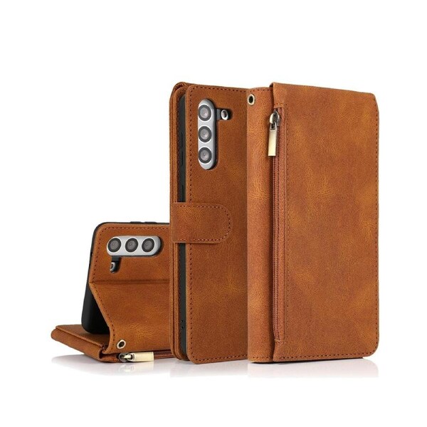 For Samsung Galaxy S21 Plus Case, Leather Zipper Purse Flip Cover Case with Card Slot Holder Wrist Strap Lanyard (Brown)