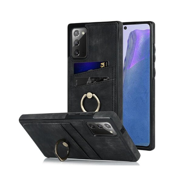 Full Protection Cover for Samsung Galaxy Note 20, 2 Cards PU Leather Case with Ring Holder - Black