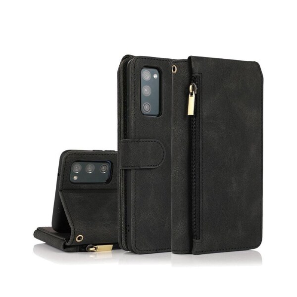 For Samsung Galaxy S20 FE Case, Leather Zipper Purse Flip Cover Case with Card Slot Holder Wrist Strap Lanyard (Black)