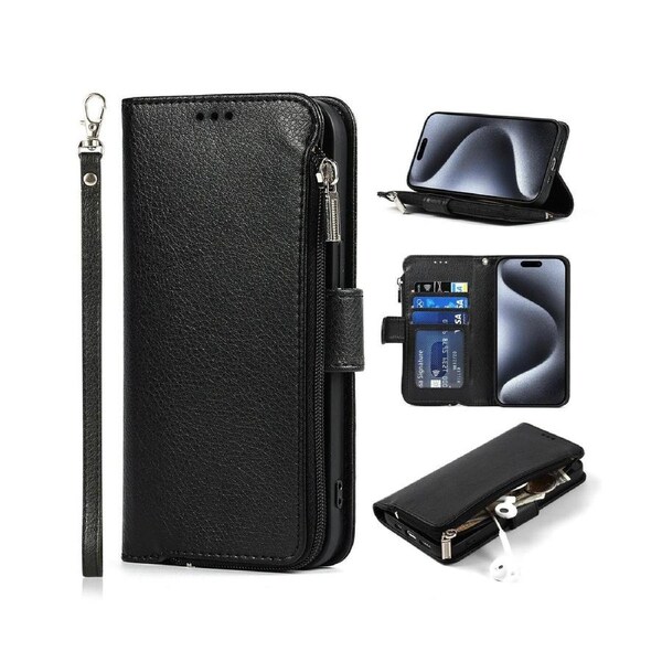 IPhone 15 Pro Max Wallet Case With Zipper Credit Card Holder,PU Leather Shockproof 15 Pro Max Phone Case-Black