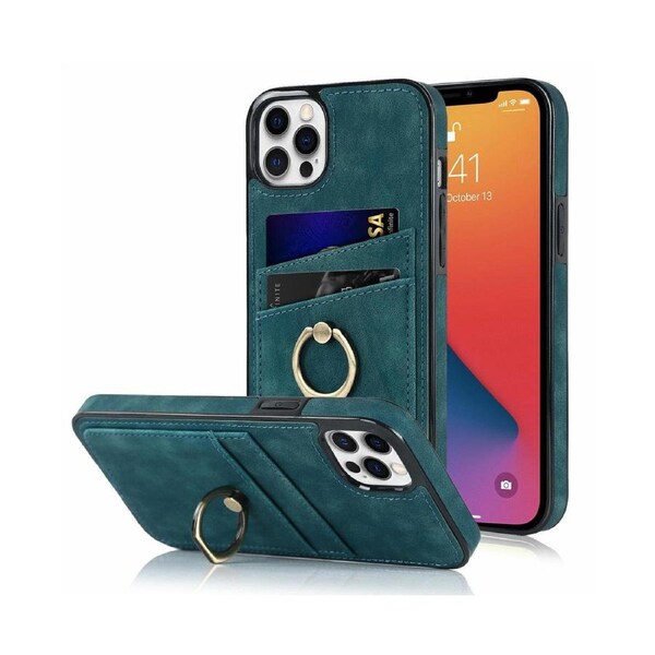 Full Protection Cover for iPhone 12 Pro Max, 2 Cards PU Leather Case with Ring Holder - Blue