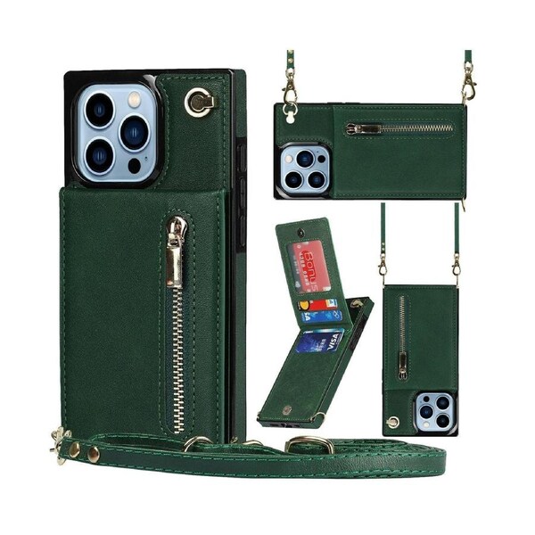PU Leather Phone Case for Women-Green, IPhone 15 Pro 6.1 Inch Wallet Case With Wrist Strap