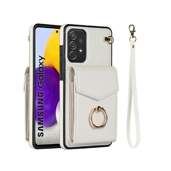 For Samsung Galaxy A52 5G Wallet Case with RFID Credit Cards Holder and Wrist Strap - White