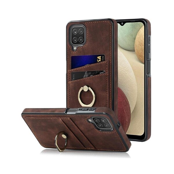 Full Protection Cover for Samsung Galaxy A12 5G, 2 Cards PU Leather Case with Ring Holder - Brown