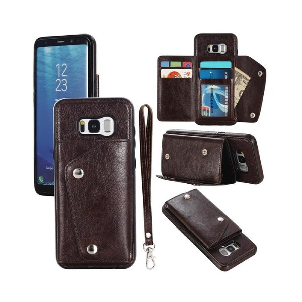 Case for Samsung Galaxy S8, Leather Wallet Case With Card Pockets Back Flip Shockproof Cover Case-Brown