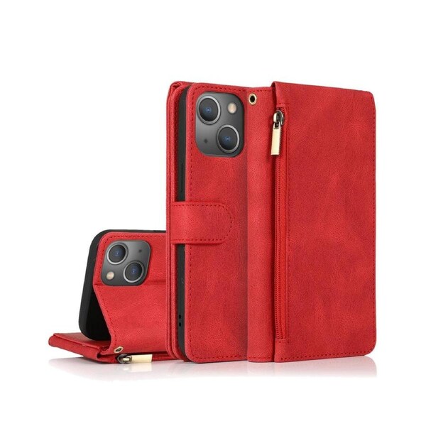 For iPhone 14 Plus Case, Leather Zipper Purse Flip Cover Case with Card Slot Holder Wrist Strap Lanyard (Red)